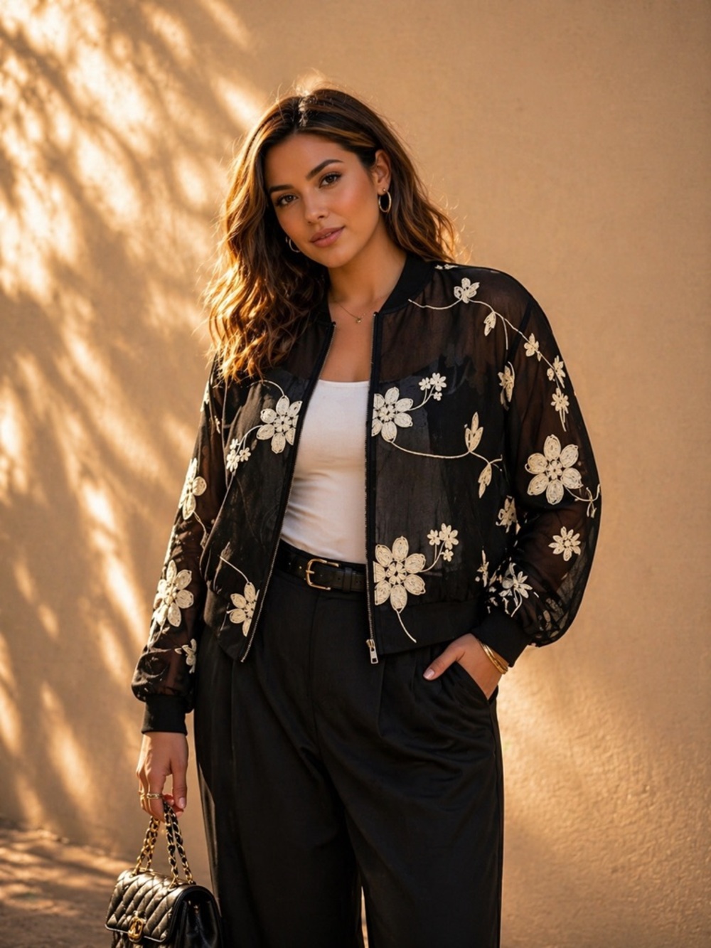 Sheer Floral Embroidered Jacket XXL Lightweight Black Bomber Spring  Plus Size